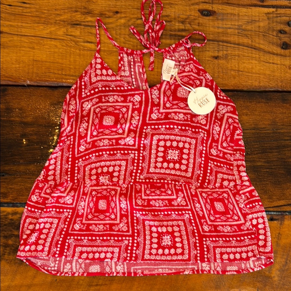 Hippie Rose Red and White Cut Out Tie Front Tank Top